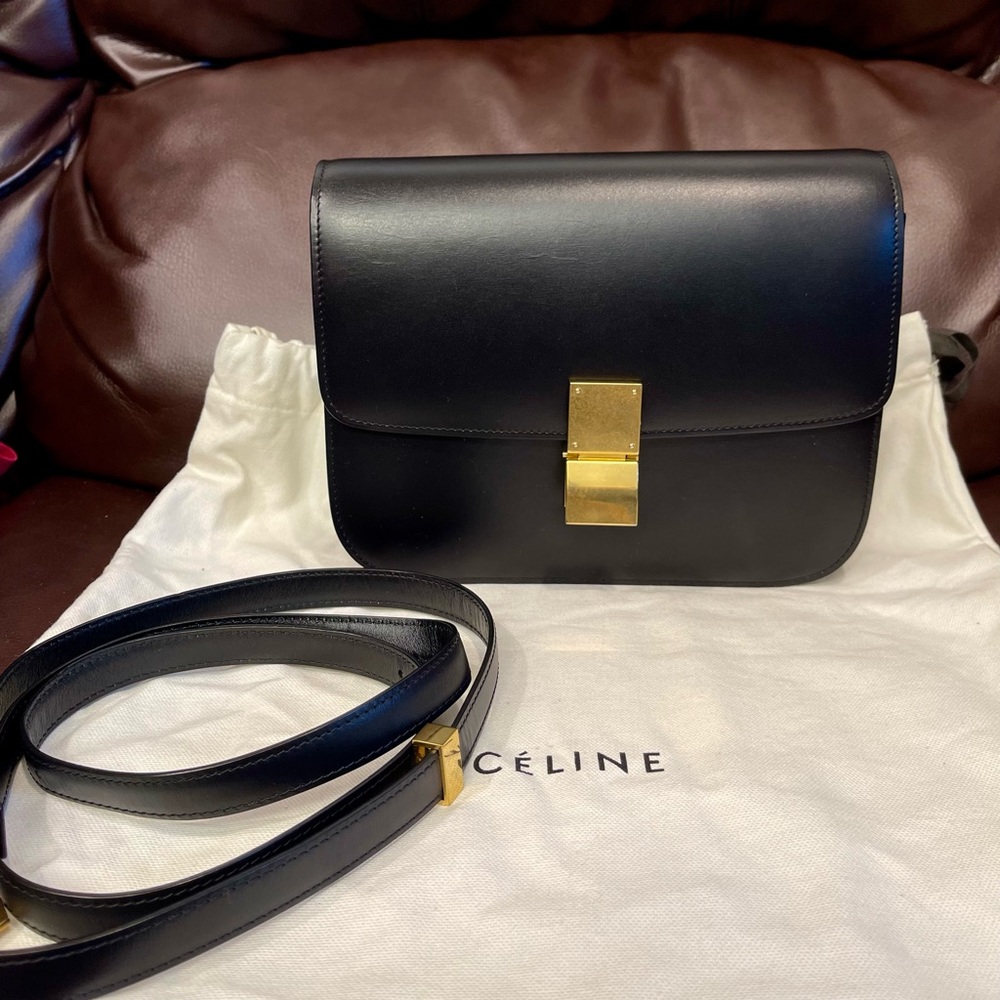 Celine Classic Box Triomphe Medium Calf leather black flap bag canvas handbag